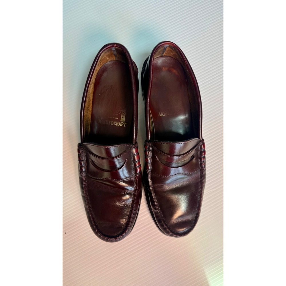 Aristocraft Mens Burgundy Leather Penny Loafers Made USA Slip On Moc Toe Vintage